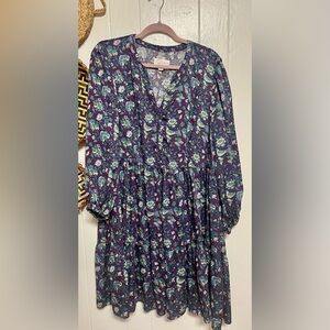 Destination 365 Printed Long-Sleeve Split-Neck Dress Tiered size Large